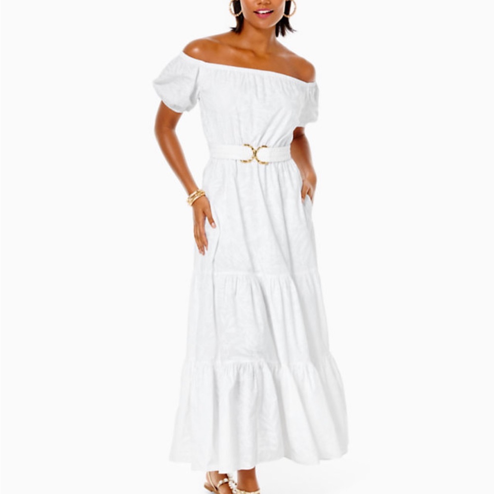 Brand New LILLY PULITZER Nessa Off the Shoulder Maxi Resort White Jungle Cabana